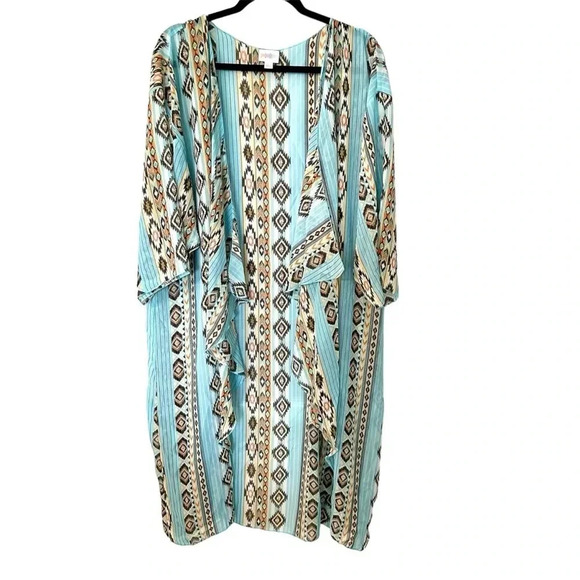 LuLaRoe Women’s Short Sleeve Drape Open Front Blue Aztec Print Kimono Sz XL GUC - Picture 1 of 7